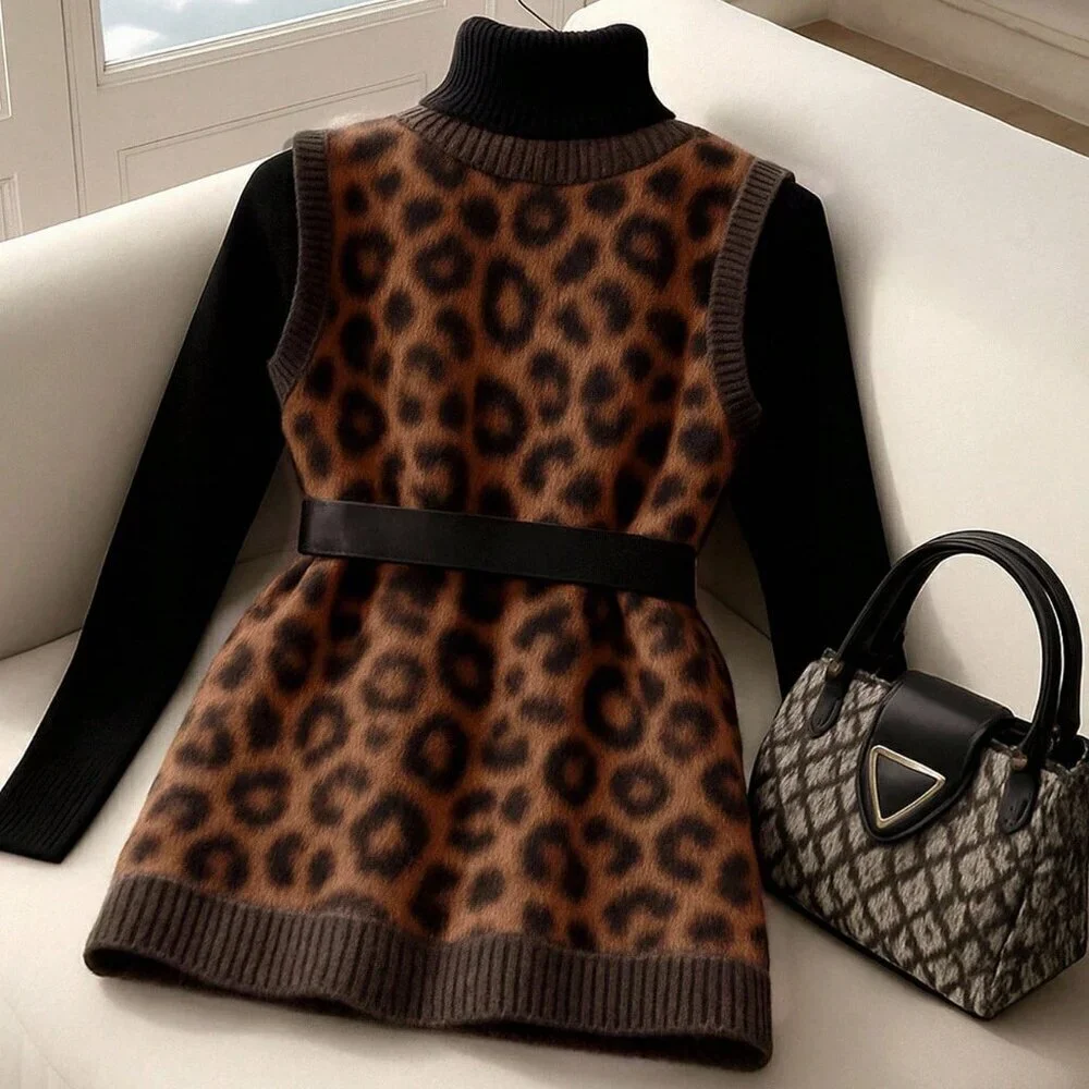 Multicolor Chic Leopard Print Womens Knitted Cardigan Vest Top